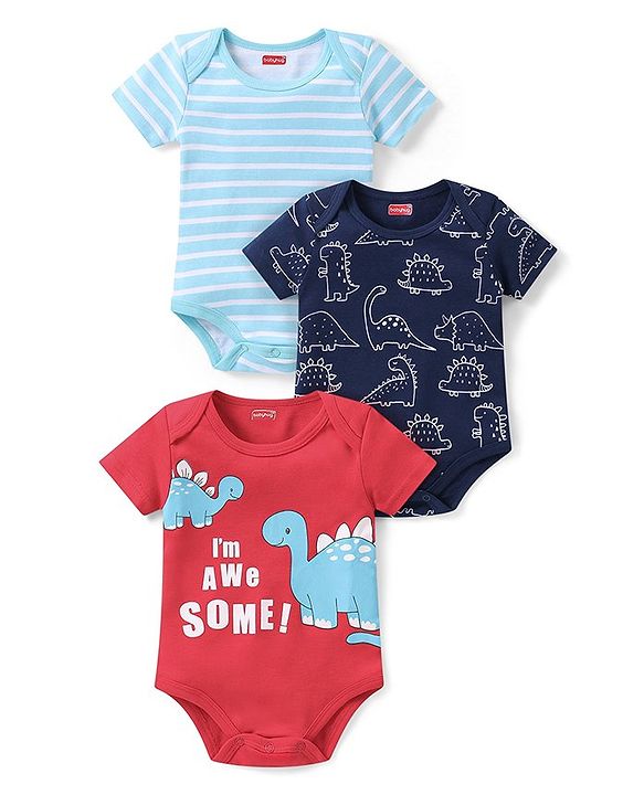 Babyhug 100% Cotton Knit Half Sleeves Onesies with Striped & Dino Print Pack of 3 - Multicolour