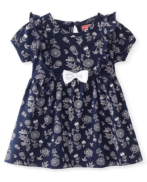 Babyhug Single Jersey Knit Half Sleeves Frock with Floral Print & Bow Applique - Navy Blue