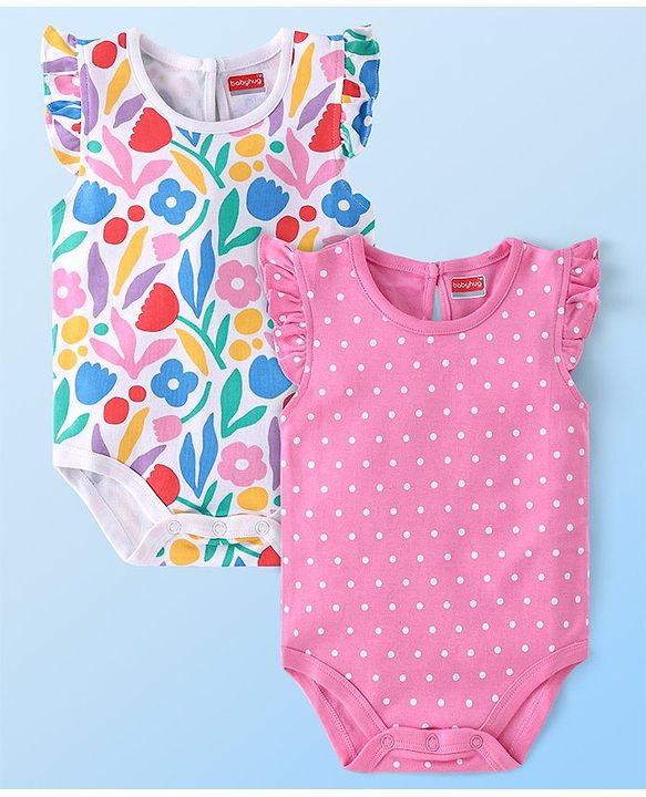 Babyhug 100% Cotton Knit Frill Sleeves Floral & Polka Dots Printed Onesies Pack of 2 - Multicolour