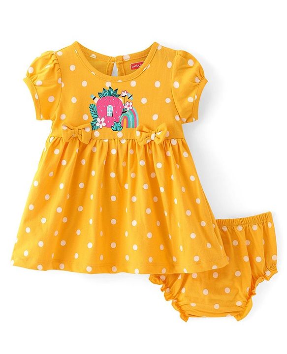 Babyhug Single Jersey Knit Half Sleeves Frock With Bloomer Polka Dot Print - Yellow