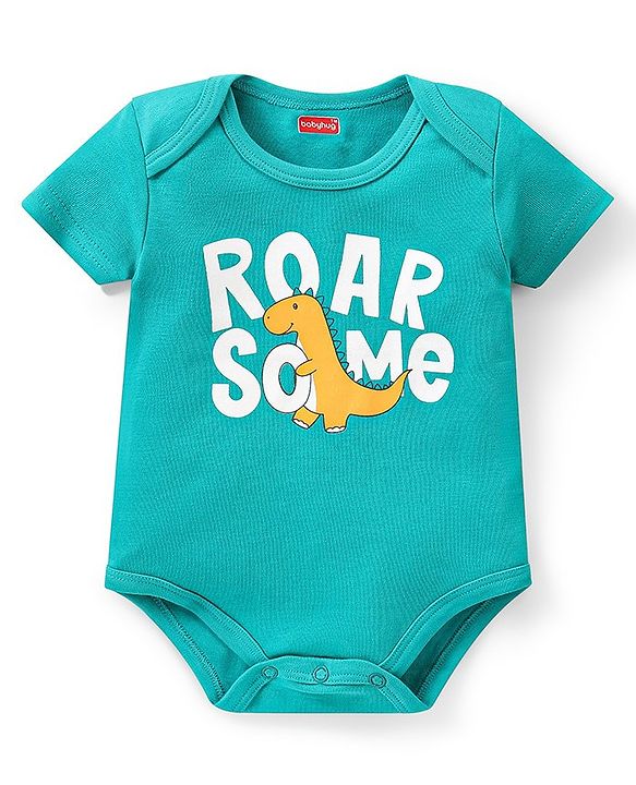 Babyhug 100% Cotton Knit Half Sleeves Onesies  with Striped Dino & Text Print Pack of 3 - Multicolour