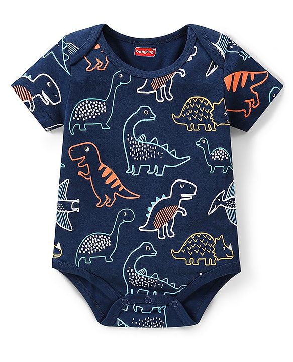 Babyhug 100% Cotton Knit Half Sleeves Onesies  with Striped Dino & Text Print Pack of 3 - Multicolour