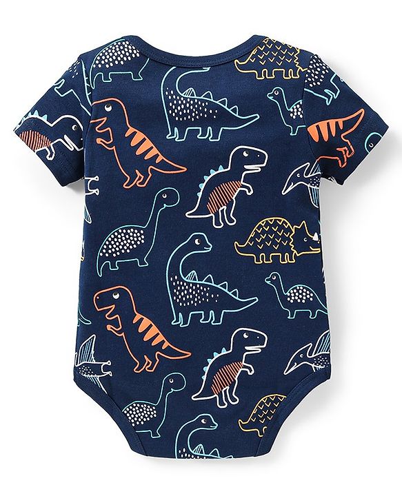 Babyhug 100% Cotton Knit Half Sleeves Onesies  with Striped Dino & Text Print Pack of 3 - Multicolour