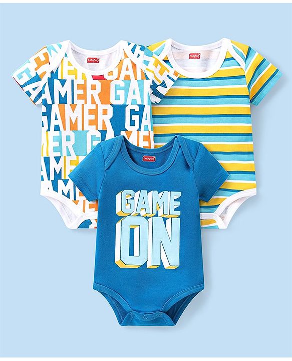 Babyhug 100% Cotton Knit Half Sleeves Onesies with Striped & Text Print  Pack of 3 - Multicolour
