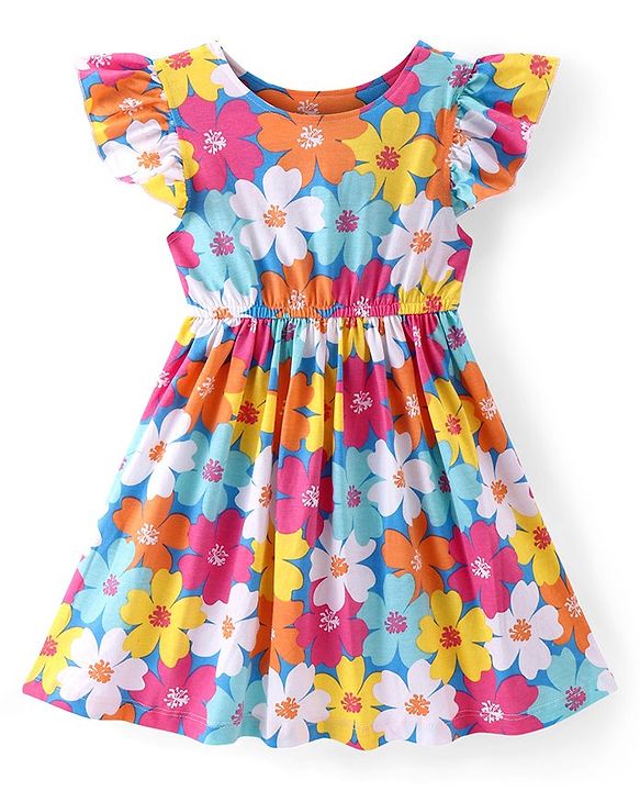 Babyhug Single Jersey Knit Half Frill Sleeves Floral Printed Frock - Multicolor