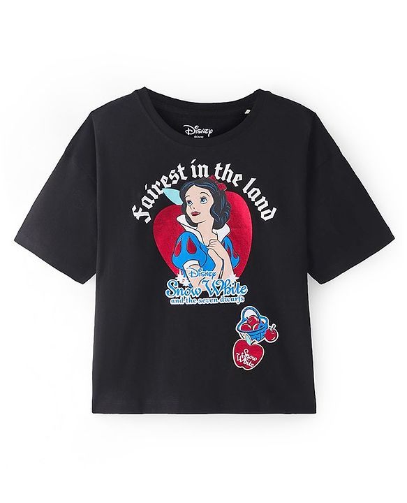 Pinekids Disney  Cotton Knit Half Sleeves T-Shirt With Disney Princess Front and Back Graphics - Black