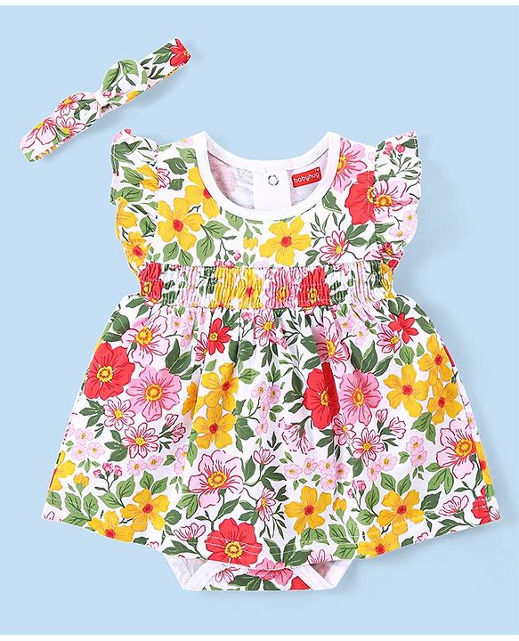Babyhug 100% Cotton Knit Frill Sleeves Frock Style Onesie with Headband Floral Print - Multicolour