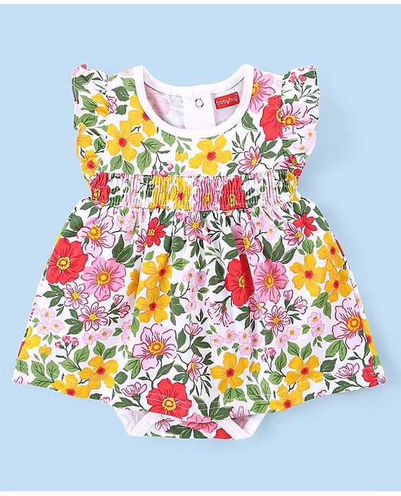 Babyhug 100% Cotton Knit Frill Sleeves Frock Style Onesie with Headband Floral Print - Multicolour