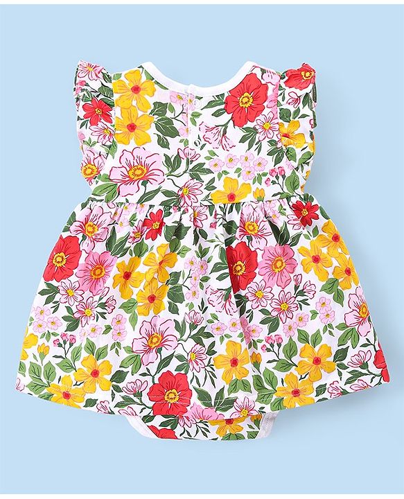 Babyhug 100% Cotton Knit Frill Sleeves Frock Style Onesie with Headband Floral Print - Multicolour