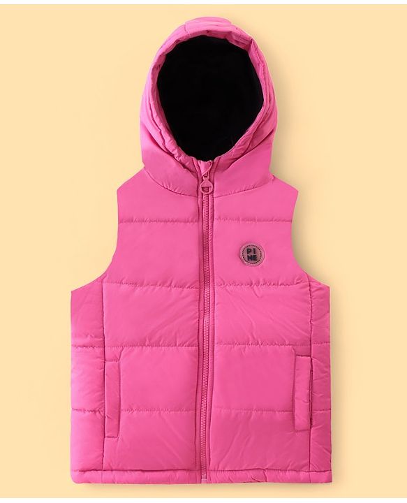 Pine Kids Sleevless Padded Hooded Jacket with Solid Colour - Rani Pink