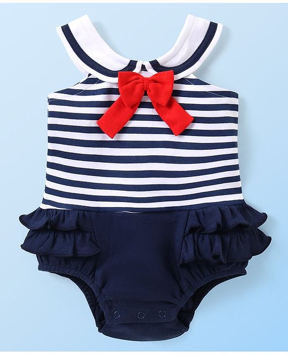 Babyhug 100% Cotton Knit Sleeveless Frock Style Onesie with Striped & Bow Detailing - Navy Blue