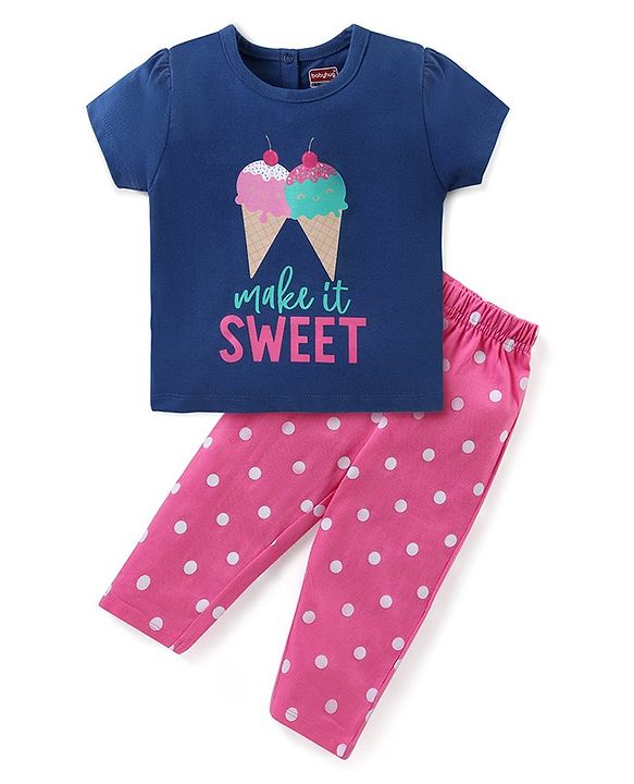Babyhug Cotton Knit Half Sleeves Night Suit With Ice Cream Print - Navy & Pink