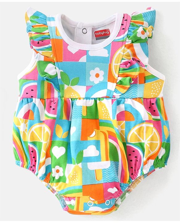 Babyhug 100% Cotton Knit Sleeveless Onesies with Fruity Print -Multicolour