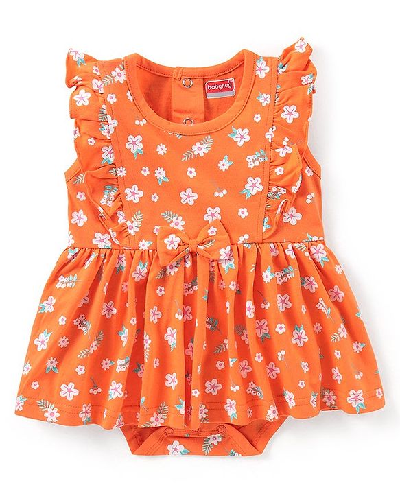 Babyhug 100% Cotton Knit Frill Sleeves Frock Style Onesie with Bow Detailing & Floral Applique - Orange