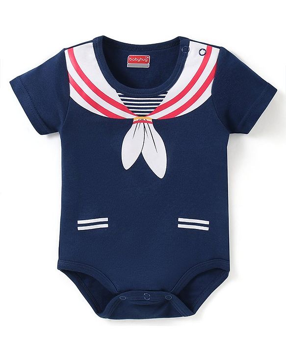 Babyhug 100% Cotton Knit Half Sleeves Onesie with Sailor Print - Navy Blue