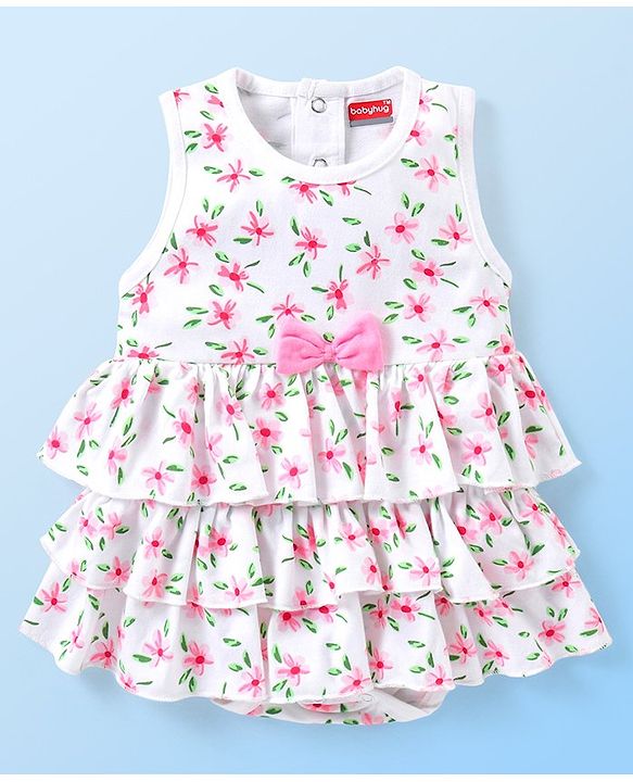 Babyhug 100% Cotton Knit Sleeveless Frock Style Onesie With Hairband Floral Print Bow Detailing - White