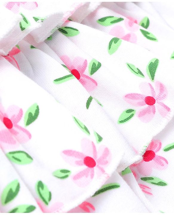 Babyhug 100% Cotton Knit Sleeveless Frock Style Onesie With Hairband Floral Print Bow Detailing - White