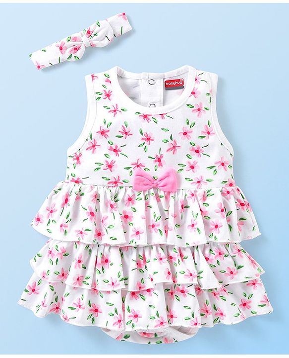 Babyhug 100% Cotton Knit Sleeveless Frock Style Onesie With Hairband Floral Print Bow Detailing - White