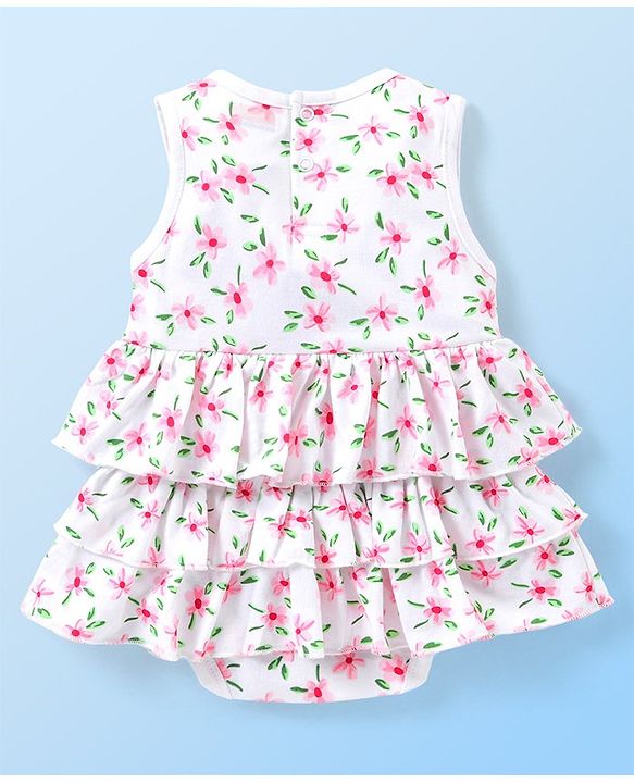 Babyhug 100% Cotton Knit Sleeveless Frock Style Onesie With Hairband Floral Print Bow Detailing - White