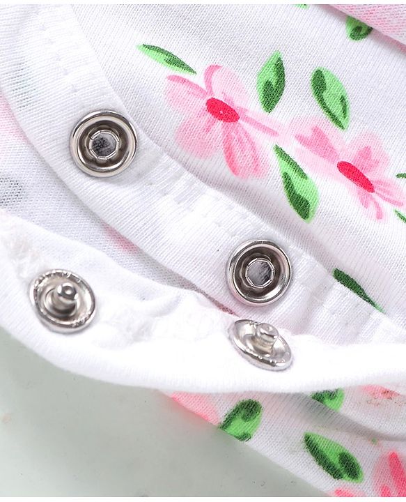 Babyhug 100% Cotton Knit Sleeveless Frock Style Onesie With Hairband Floral Print Bow Detailing - White