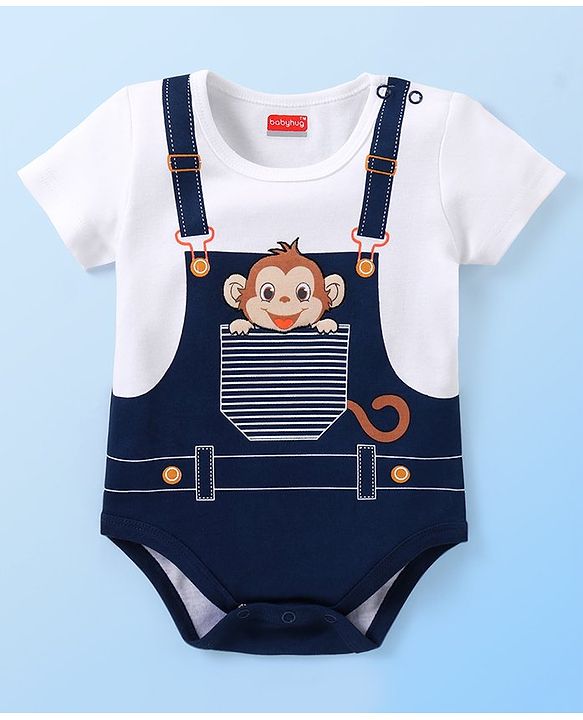 Babyhug 100% Cotton Knit Half Sleeves Onesies with Monkey Print - White & Blue