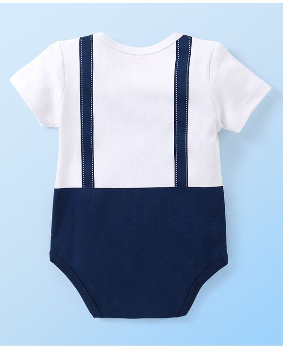 Babyhug 100% Cotton Knit Half Sleeves Onesies with Monkey Print - White & Blue