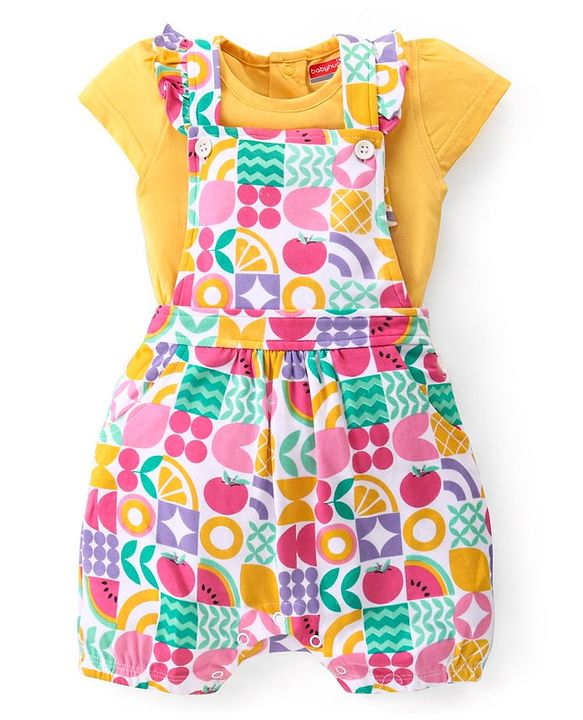 Babyhug Single Jersey Half Sleeves T-Shirt & Dungaree with Frill Detailing Fruits Print - Multicolour