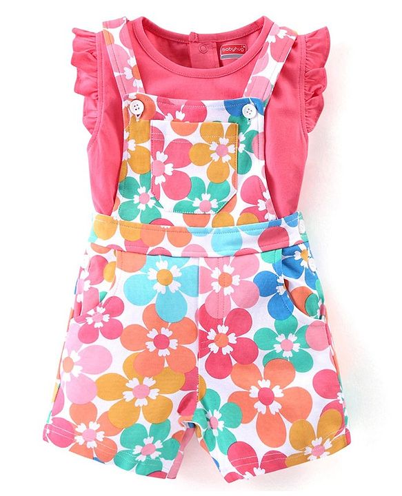 Babyhug 100% Cotton Knit Frill Sleeves Top With Floral Print Dungaree - Pink
