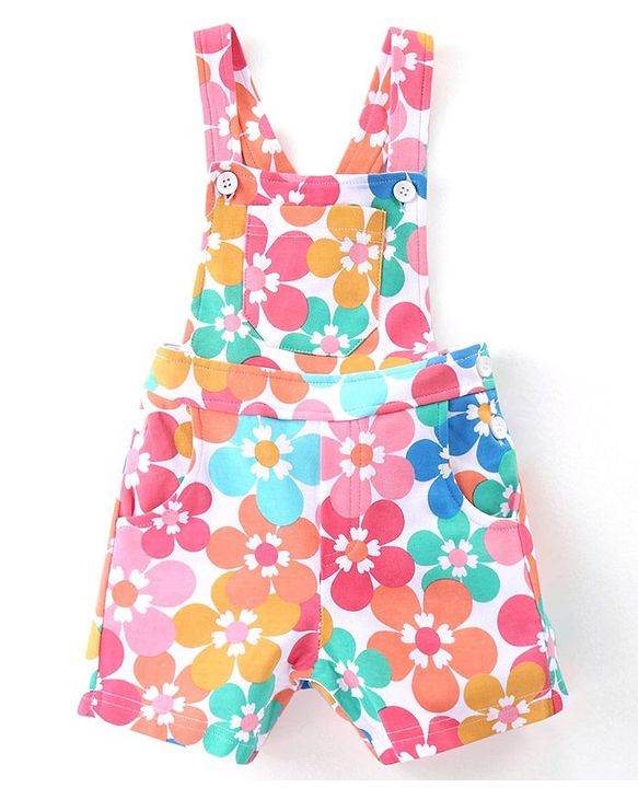 Babyhug 100% Cotton Knit Frill Sleeves Top With Floral Print Dungaree - Pink