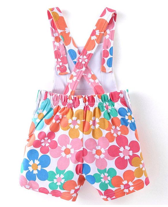 Babyhug 100% Cotton Knit Frill Sleeves Top With Floral Print Dungaree - Pink