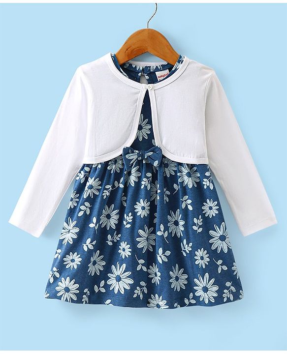 Babyhug Single Jersey Knit Floral Printed Frock with  Full Sleeves Shrug - Blue & White