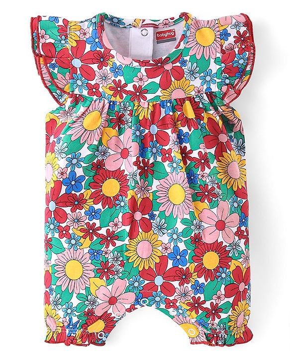 Babyhug 100% Cotton Knit Frill Sleeves Floral Printed Romper - Multicolour