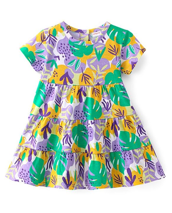 Babyhug Single Jersey Knit Half Sleeves Frock With Leafy Print - Multicolor