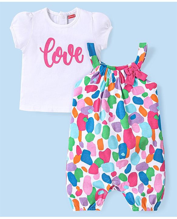 Babyhug Cotton Knit Text Printed Dungaree with Half Sleeves Inner Tee - Multicolour