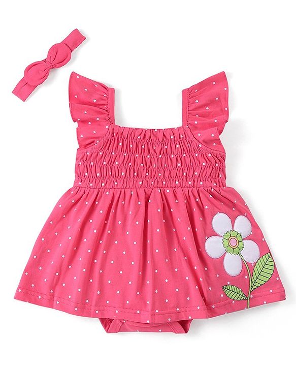 Babyhug 100% Cotton Knit Sleeveless Onesies with Headband Floral Print - Pink