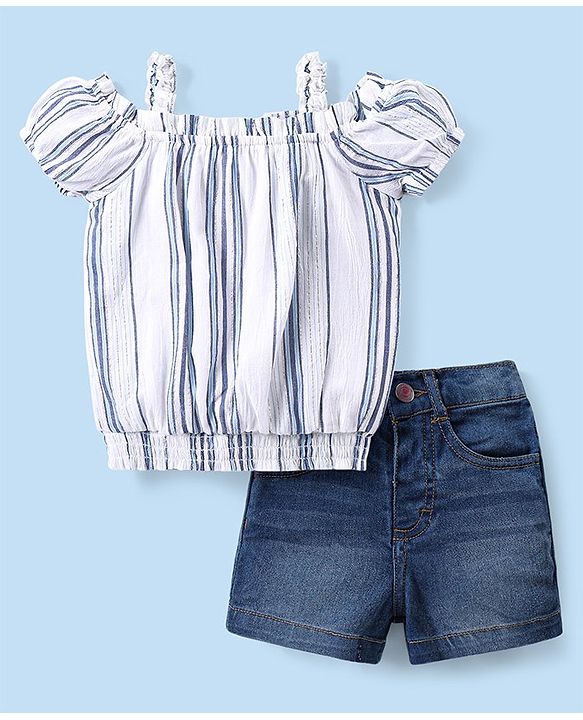Babyhug Cotton Woven Cold Shoulder Striped Top & Denim Shorts Set - Blue & White