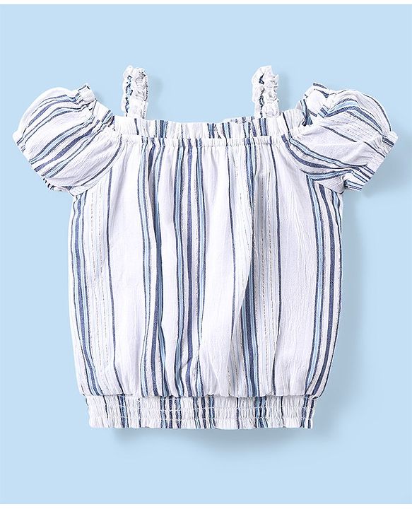 Babyhug Cotton Woven Cold Shoulder Striped Top & Denim Shorts Set - Blue & White