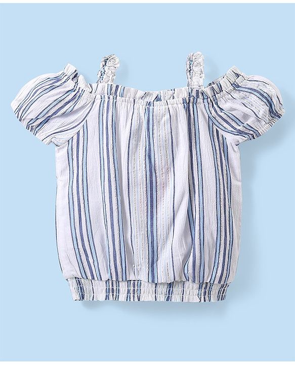 Babyhug Cotton Woven Cold Shoulder Striped Top & Denim Shorts Set - Blue & White
