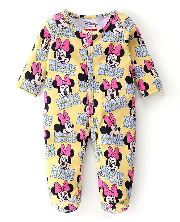 Babyhug Cotton Knit Full Sleeves Sleepsuit With Minnie Mouse Graphics - Yellow