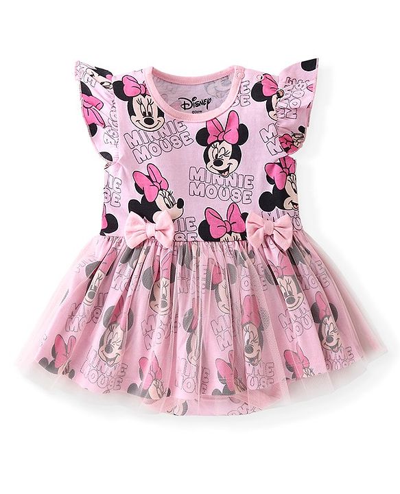 Babyhug Disney Interlock Knit Frill Sleeves Frock Style Onesie with Bow Applique & Minnie Mouse Print - Pink