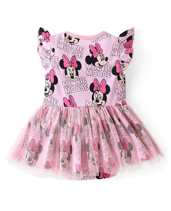 Babyhug Disney Interlock Knit Frill Sleeves Frock Style Onesie with Bow Applique & Minnie Mouse Print - Pink