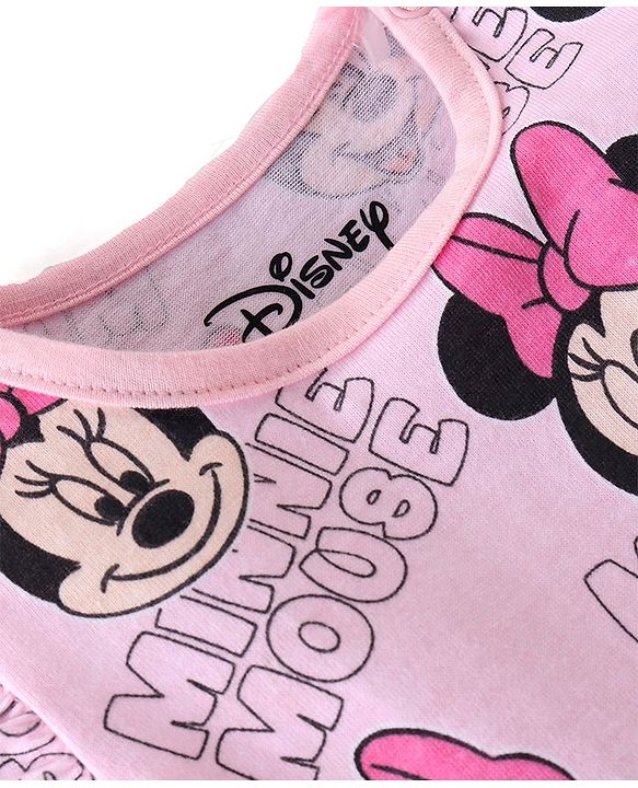 Babyhug Disney Interlock Knit Frill Sleeves Frock Style Onesie with Bow Applique & Minnie Mouse Print - Pink