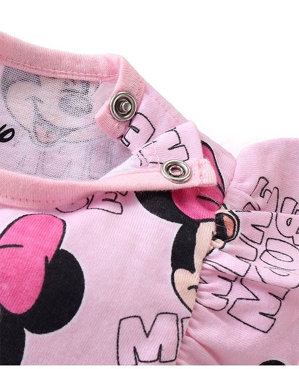Babyhug Disney Interlock Knit Frill Sleeves Frock Style Onesie with Bow Applique & Minnie Mouse Print - Pink