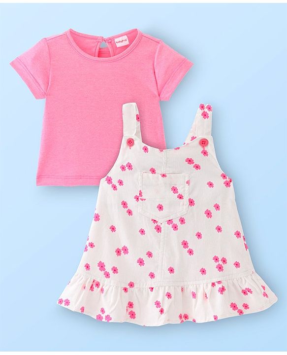 Babyhug Cotton Woven Floral Print Frock with Half Sleeves Solid Colour Inner Tee - White & Pink