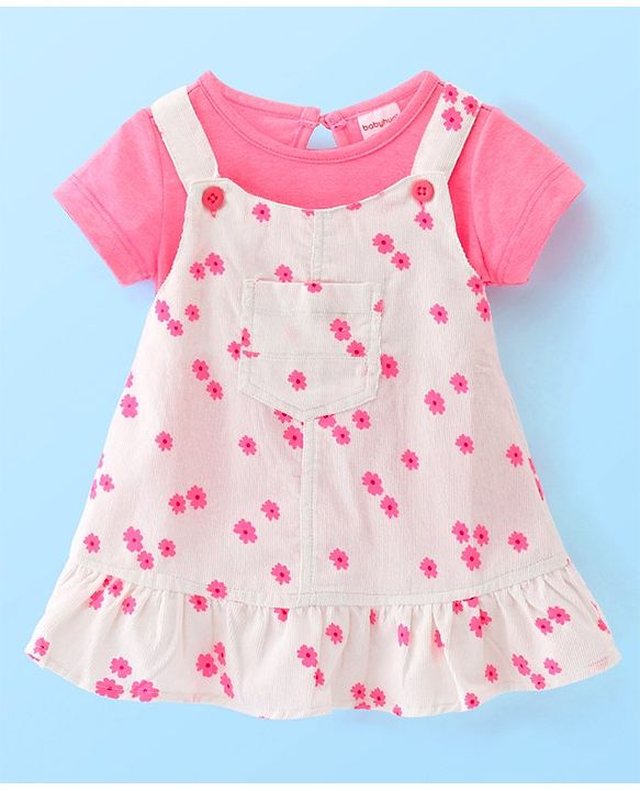 Babyhug Cotton Woven Floral Print Frock with Half Sleeves Solid Colour Inner Tee - White & Pink