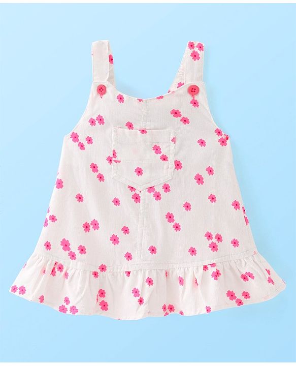 Babyhug Cotton Woven Floral Print Frock with Half Sleeves Solid Colour Inner Tee - White & Pink