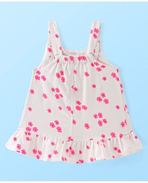 Babyhug Cotton Woven Floral Print Frock with Half Sleeves Solid Colour Inner Tee - White & Pink