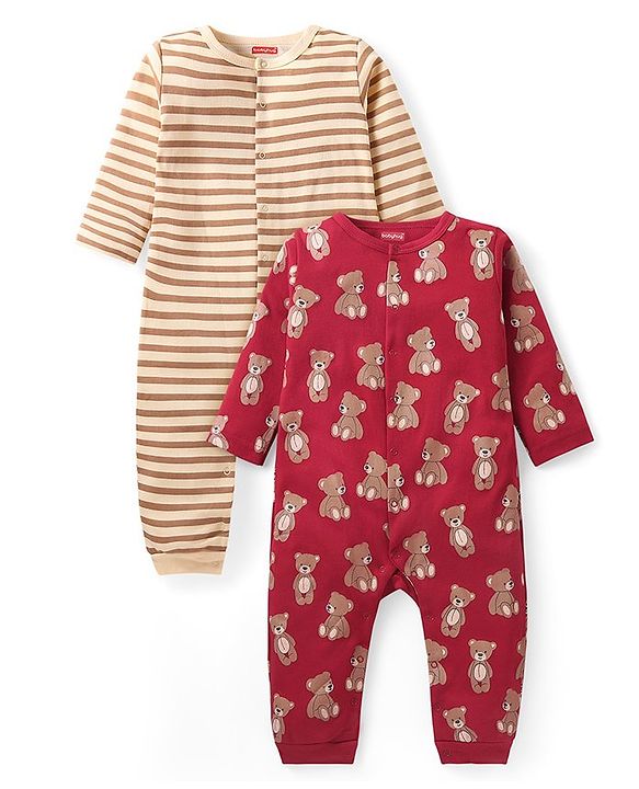 Babyhug 100% Cotton Knit Full Sleeves Bear Printed Romper Pack of 2 - Multicolour