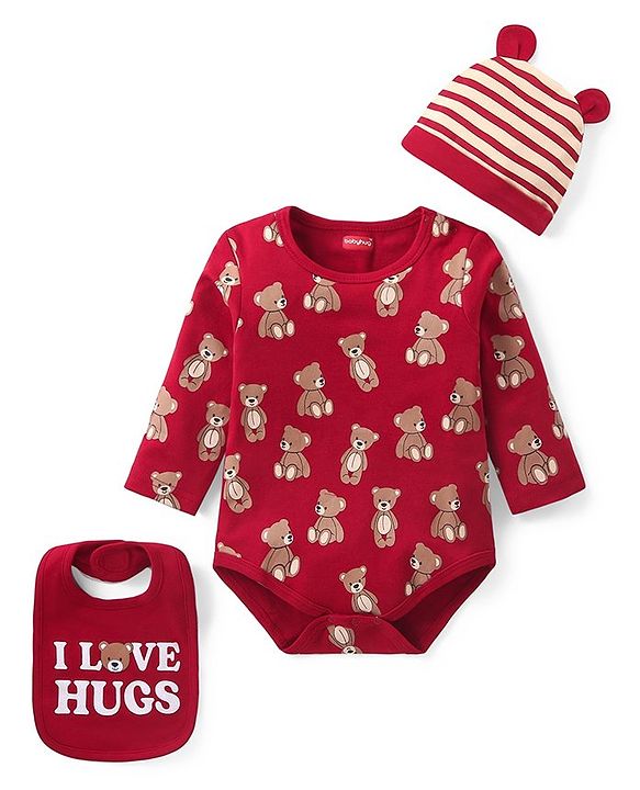 Babyhug 100% Cotton Knit Full Sleeves  Onesies with Cap & Bib Striped & Bear Print - Red