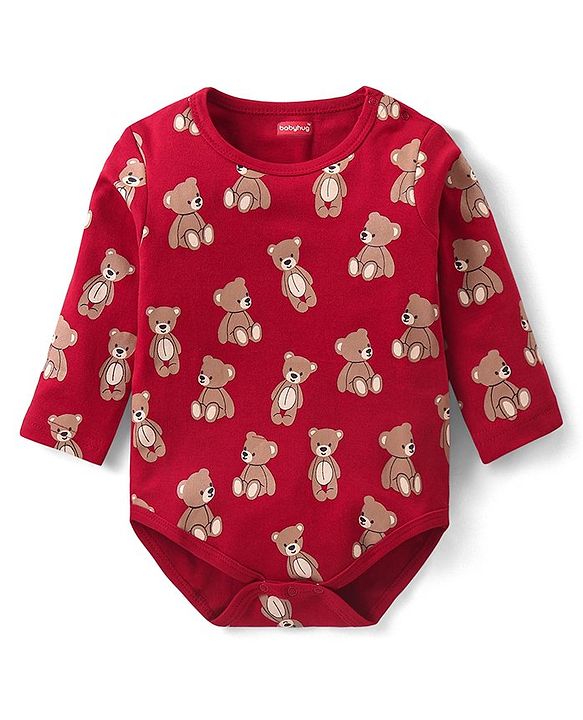 Babyhug 100% Cotton Knit Full Sleeves  Onesies with Cap & Bib Striped & Bear Print - Red